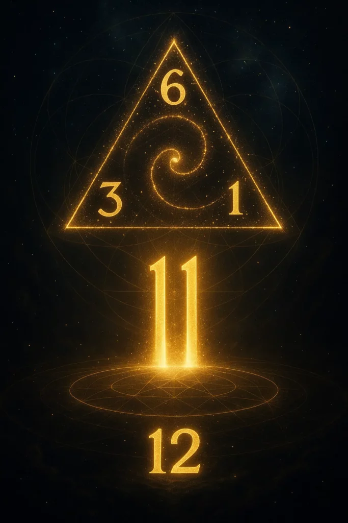 Tesla 3-6-9 Spirale mit Engelszahl 11 als Portal und 12 als Kreis – kosmische Symbolik und Numerologie